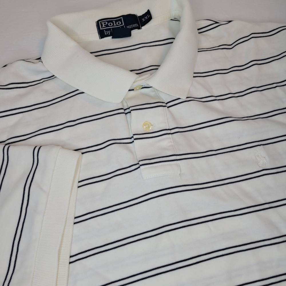 Vntg‎ Ralph Lauren Polo Shirt Mens 2XL Blue White Stripe Short Sleeve White Pony